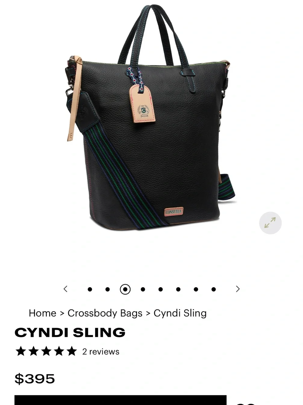 Consuela Black Leather Messenger Tote with Green-Blue Striped Strap, Cyndi Sling